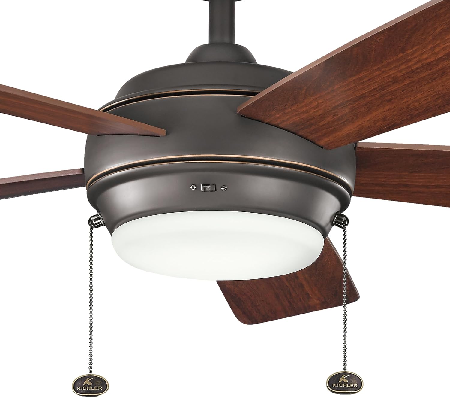 KICHLER 330174OZ Protruding Mount, 5 WALNUT/CHERRY Blades Ceiling fan with 53 watts light, Old Bronze