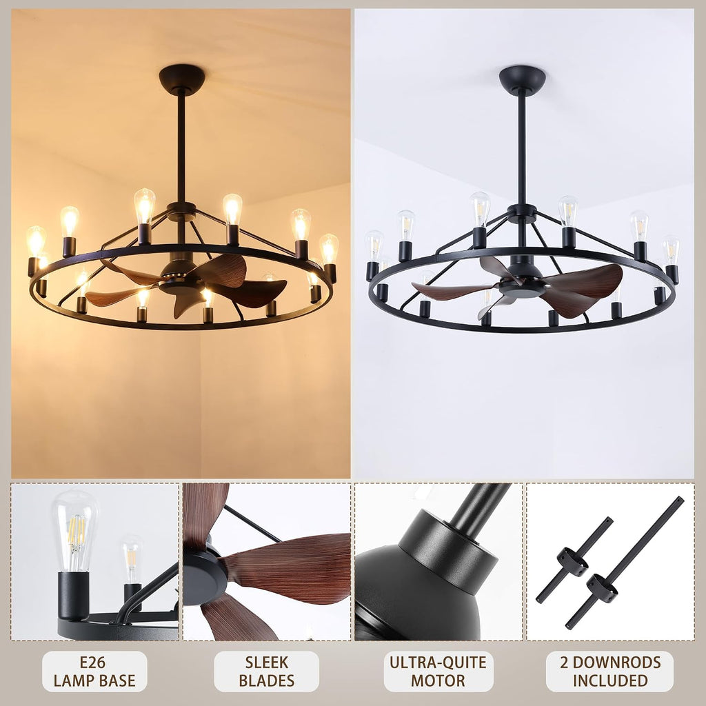 Miuyhji Wheel Ceiling Fan 44 Inches Large,Industrial Ceiling Fans with Lights and Remote,Vintage Chandelier Fans with 12 Candle Lights, Wagon Wheel Chandelier with Fan for Indoor