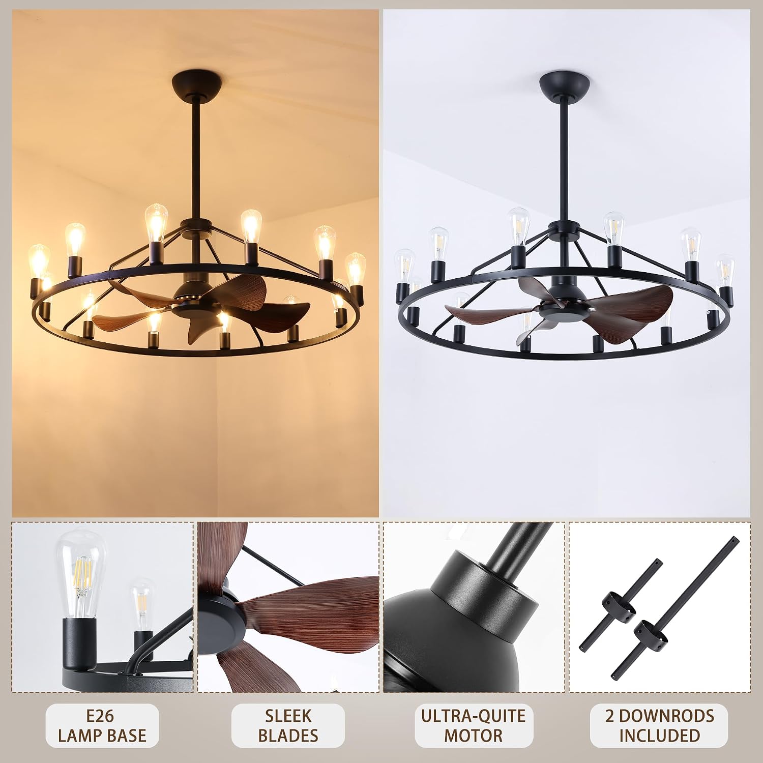 Miuyhji Wheel Ceiling Fan 44 Inches Large,Industrial Ceiling Fans with Lights and Remote,Vintage Chandelier Fans with 12 Candle Lights, Wagon Wheel Chandelier with Fan for Indoor