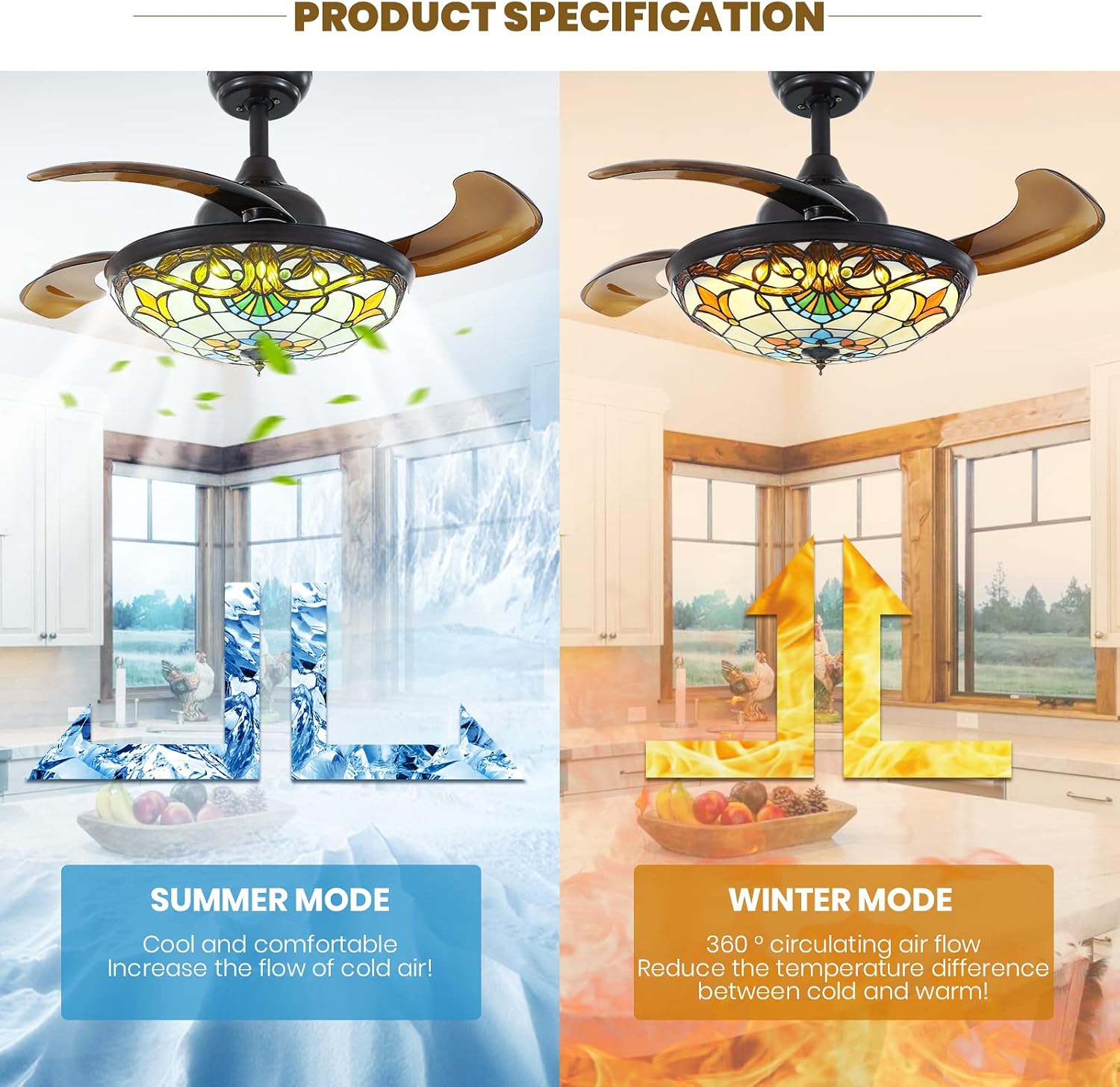 Siljoy 36' Tiffany Ceiling Fan with Lights, Stained Glass Ceiling Fan Vintage Ceiling Fan with Remote Control Dimmable Fandelier with 4 Retractable Reverse Blades for Bedroom, Living and Dining Room