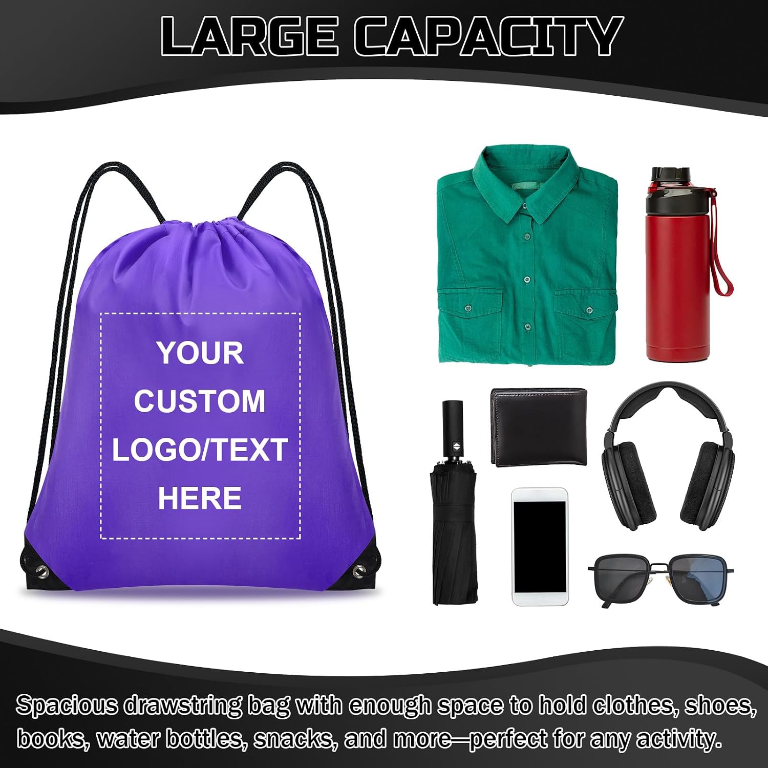 Grneric Custom Drawstring Bags Bulk 10/20/50/100/200 Pack, Promotional Items With Your Logo Personalized String Backpack for Gym, Sport, Travel, Purple
