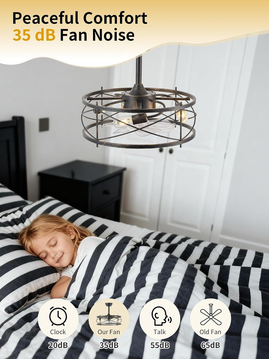 20' Farmhouse Fandelier Ceiling Fan with Light, Caged Bladeless Ceiling Fans with Lights and Remote, Rustic Small Enclosed with 6 Speeds for Bedroom, Kitchen, Living Room, Black