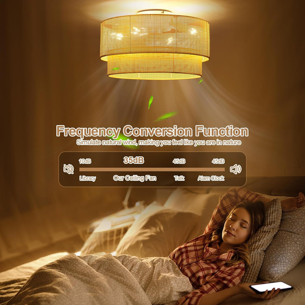ainqiant 20 Inch Boho Caged Ceiling Fans with Lights Flush Mount, Rattan Ceiling Fan with Light Remote Control with Reversible 6 Speeds for Bedroom, Nursery, Living Room, E26, Base, Indoor