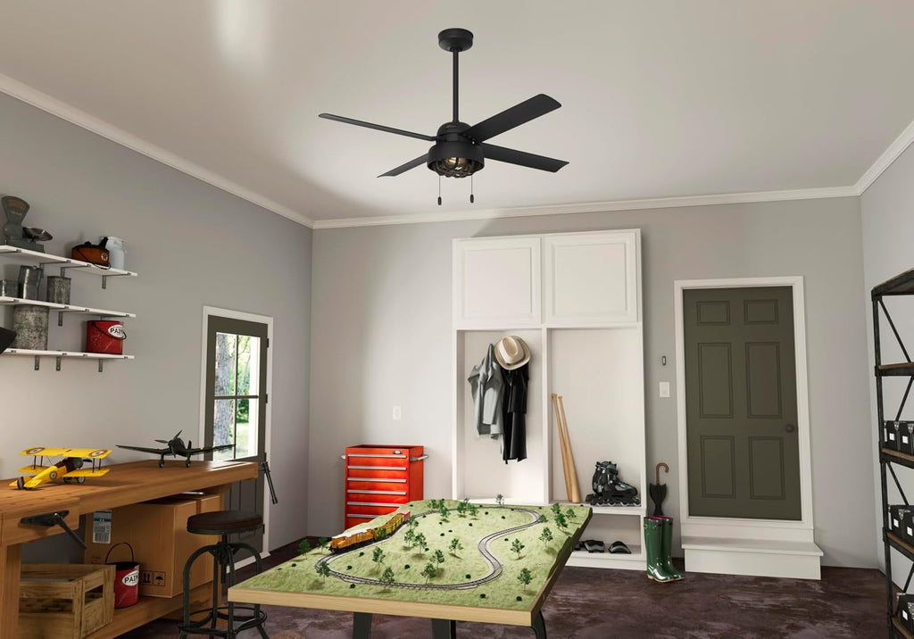 Hunter 52 inch Outdoor or Indoor Ceiling Fan with LED Light and Pull Chain - Black Ceiling Fan, Standard Mount, 4 Blades, For Patio, Porch, Garage, or Living Room - Spring Mill 50336, Matte Black
