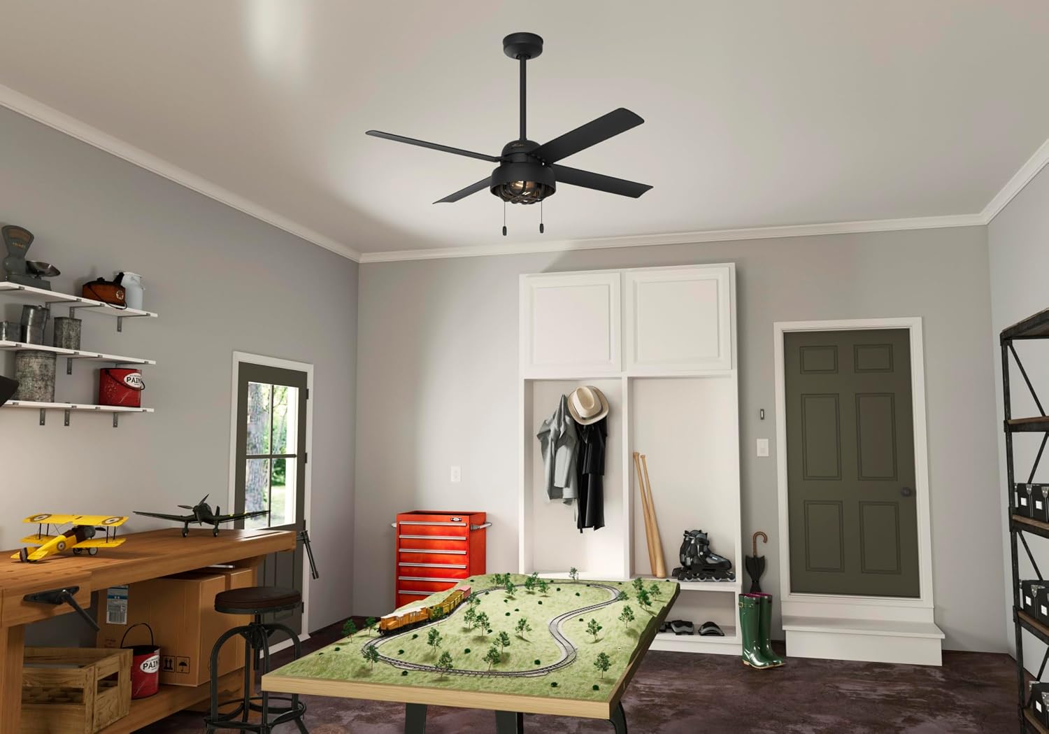 Hunter 52 inch Outdoor or Indoor Ceiling Fan with LED Light and Pull Chain - Black Ceiling Fan, Standard Mount, 4 Blades, For Patio, Porch, Garage, or Living Room - Spring Mill 50336, Matte Black