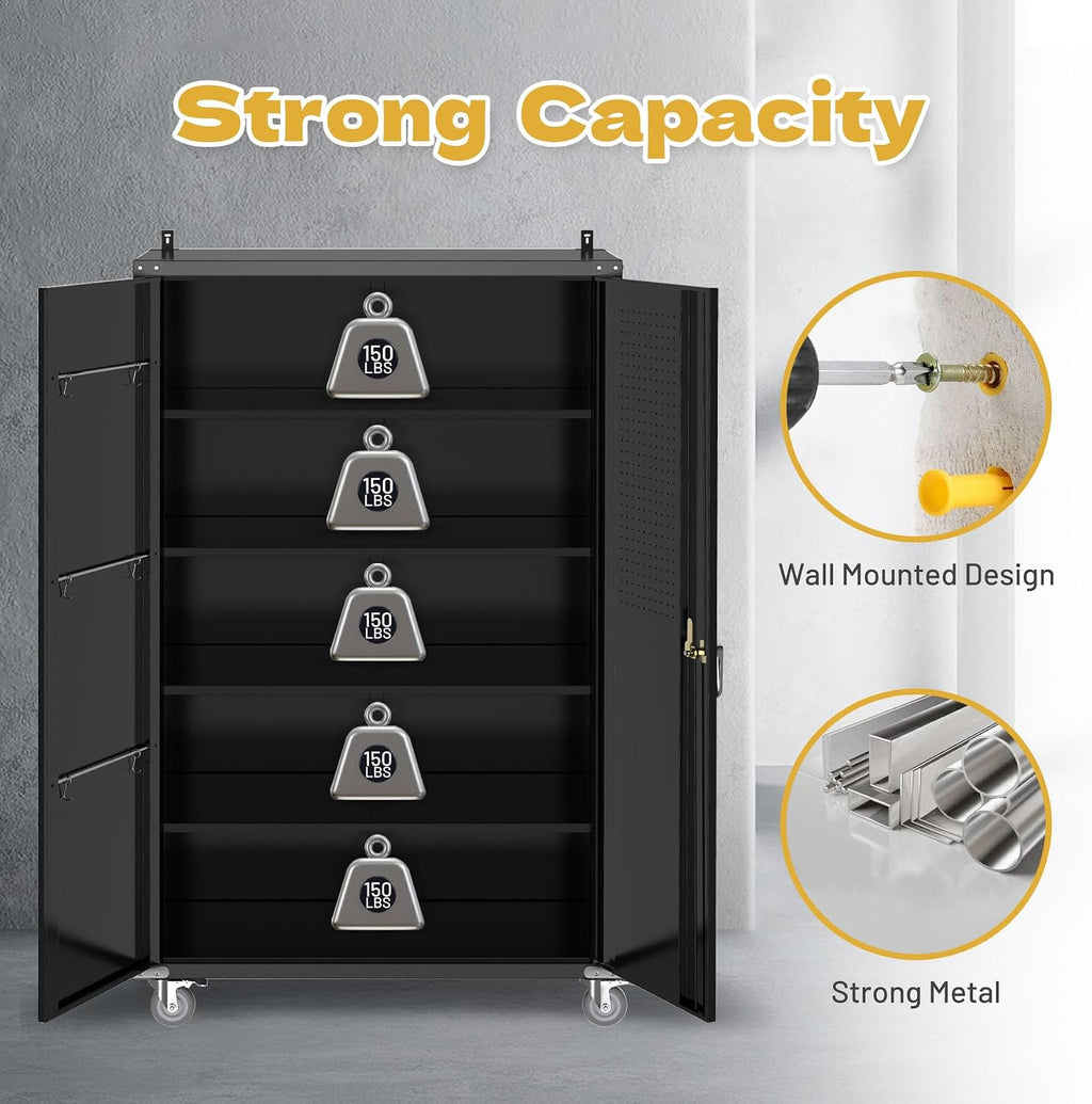 biosp 72' H Wide & Deep Garage Storage Cabinet with Wheels & Pegboards, Metal Storage Cabinet with Locking Door & Adjustable Shelves, Rolling Tool Cabinet for Garage, Shop, Office, 72'x43'x22'