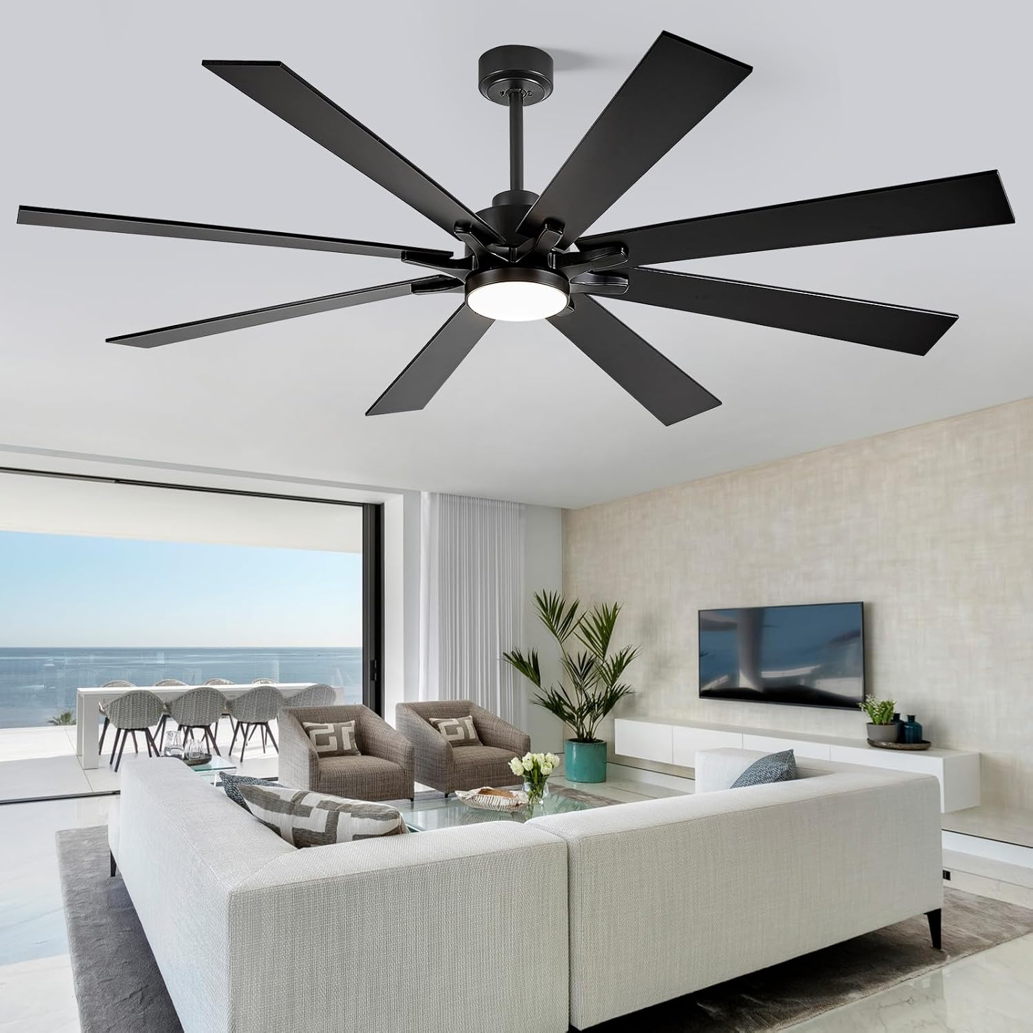 72 inch Large Ceiling Fans with Lights and Remote, Black Modern Outdoor Ceiling Fan for Patio, 6 Speed Reversible High Speed Quiet DC Motor, Damp Rated for Indoor Exterior Garage Use
