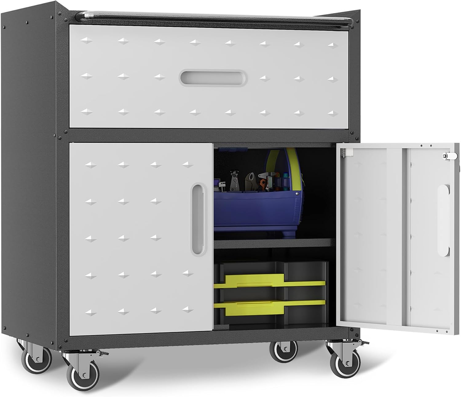 Metal Garage Storage Cabinet on Wheels, Lockable Rolling Tool Cabinet with Drawer and Shelves, Heavy Duty Mobile Steel Cabinet for Garage Warehouse Workshop