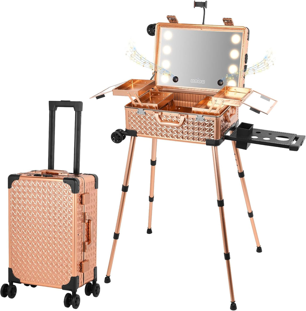 Rolling Makeup Train Case with Lighted Mirror and Bluetooth Speaker Professional Cosmetic Organizer Case with Wheels, Stands Portable Makup Station Vanity for Travel (Rose gold, Small)