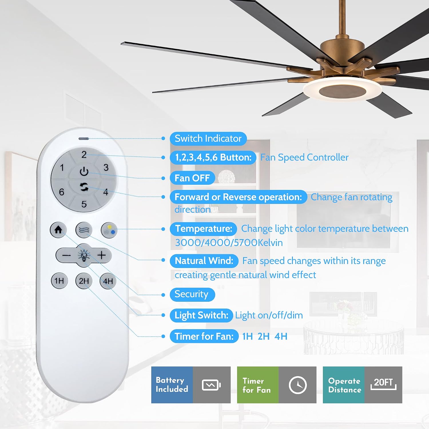 Ceiling Fans with Lights and Remote, 65 Inch Brass Ceiling Fan for Living Room Bedroom, Large Black Outdoor Ceiling Fans for Patios, Dimmable LED, 6 Speeds, Reversible DC Motor, Ventilador de Techo