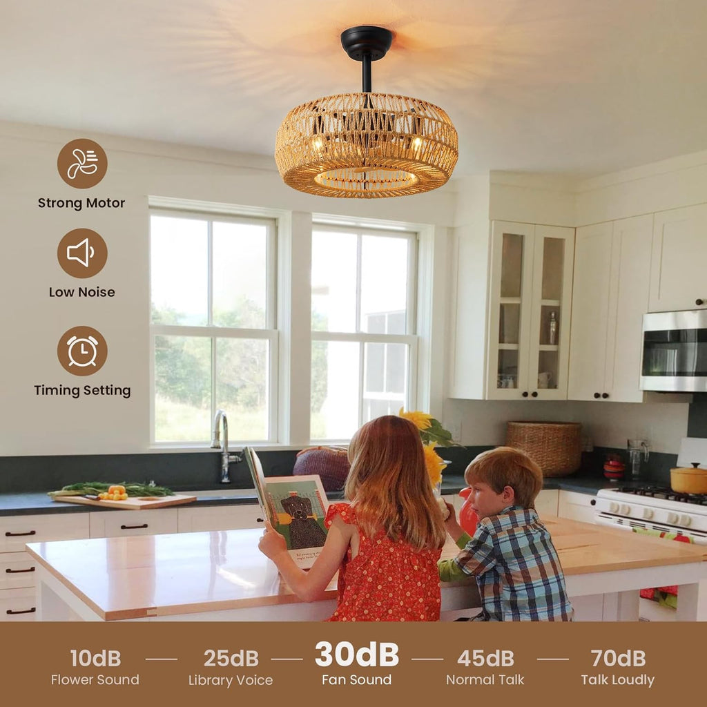20' Boho Caged Ceiling Fan with Lights Remote Control, Rattan Cage Low Profile Bladeless Ceiling Fan, Farmhouse Ceiling Fans with Light for Kitchen, Bedroom, Dining Room