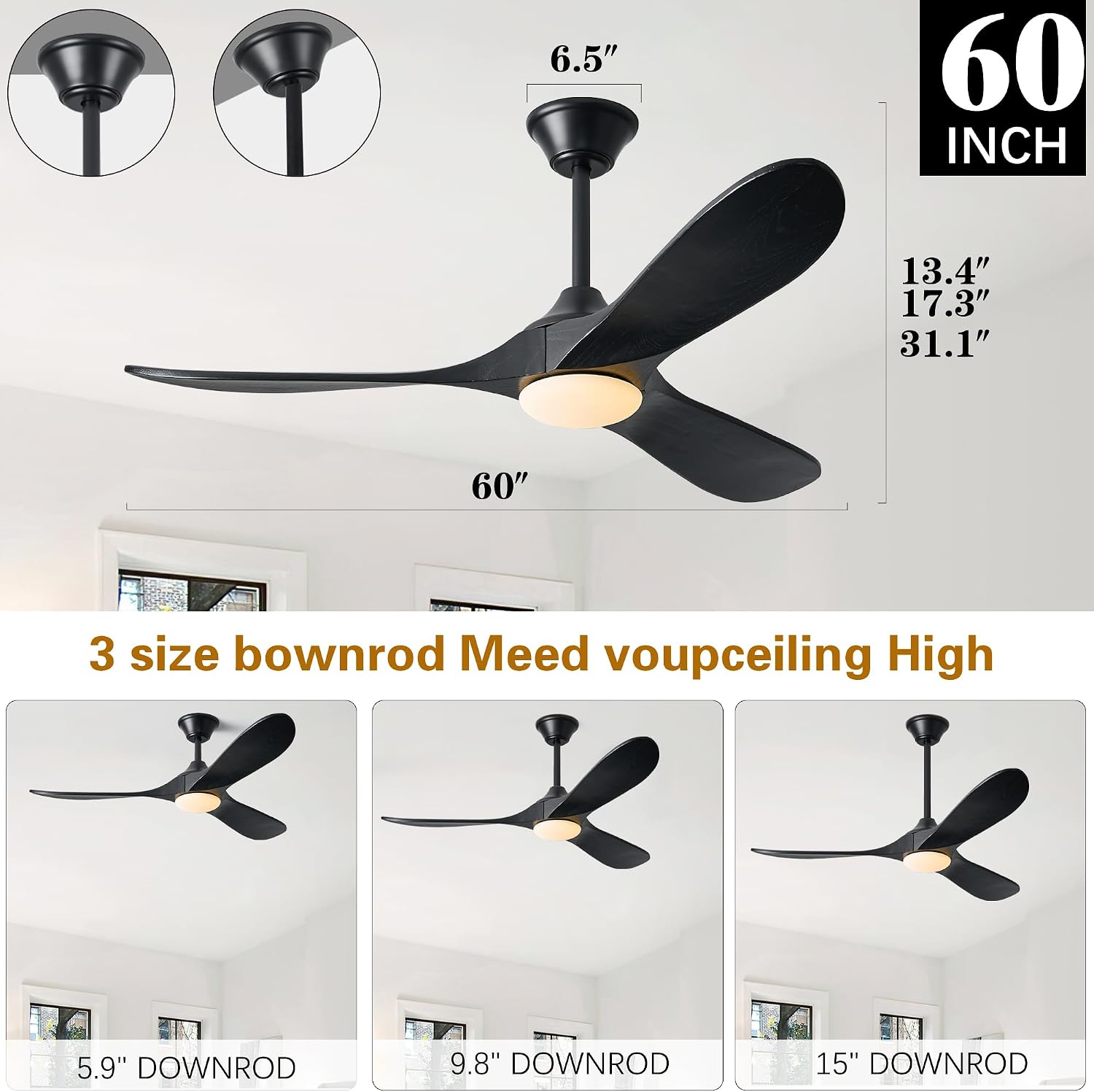 Wood Ceiling Fans with Lights and Remote, 60' Black Modern Ceiling Fan with 3 Wooden Blades, Timer and Memory Function, Outdoor Ceiling Fan with Light for Patios, Indoor, Living Room