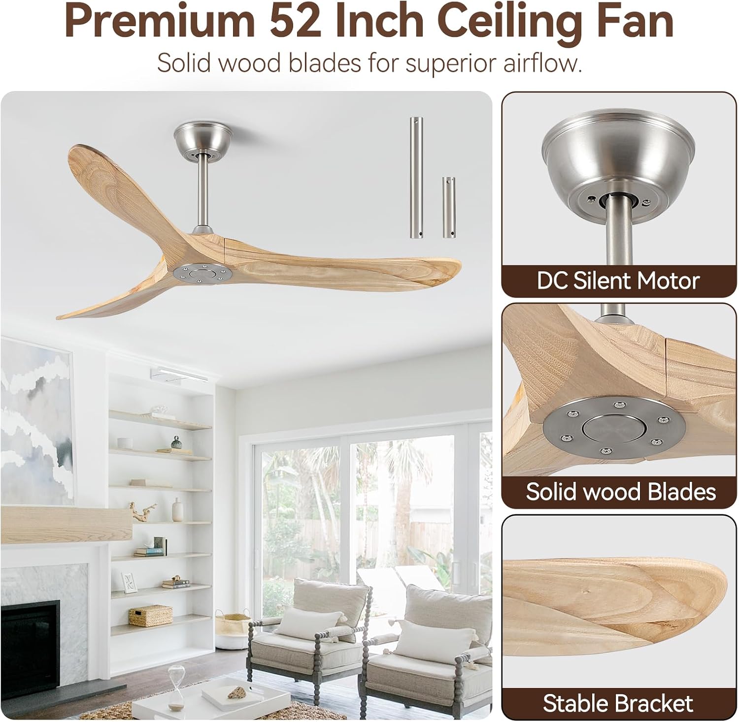 52 Inch Ceiling Fan with Remote Control, Solid Wood, 6-Speed DC Motor, 3 Reversible Natural Wooden Blades, 1/4/8 Hour Timer, Quiet & Energy Efficient for Indoor/Outdoor Use
