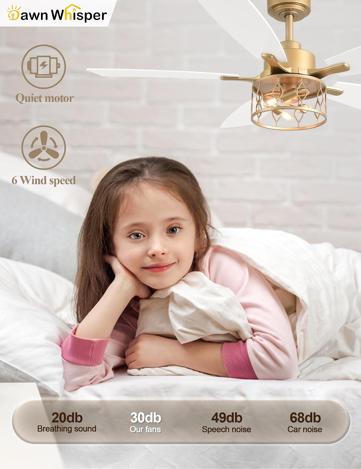 Dawn Whisper 52 Inch Modern Farmhouse Ceiling Fans with Lights White and Gold Industrial Rustic Caged Ceiling Fan for Bedroom Living Room Quiet and Reversible DC Motor