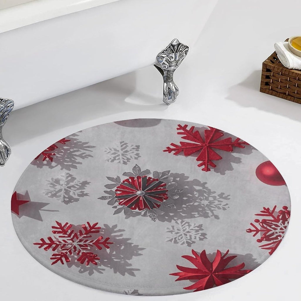 Christmas Red and Gray Snowflakes Coral Velvet Round Floor Mat Non-Slip Bath Rug Floor Covering for Bathroom Vanity Guest Suite & Vacation Home