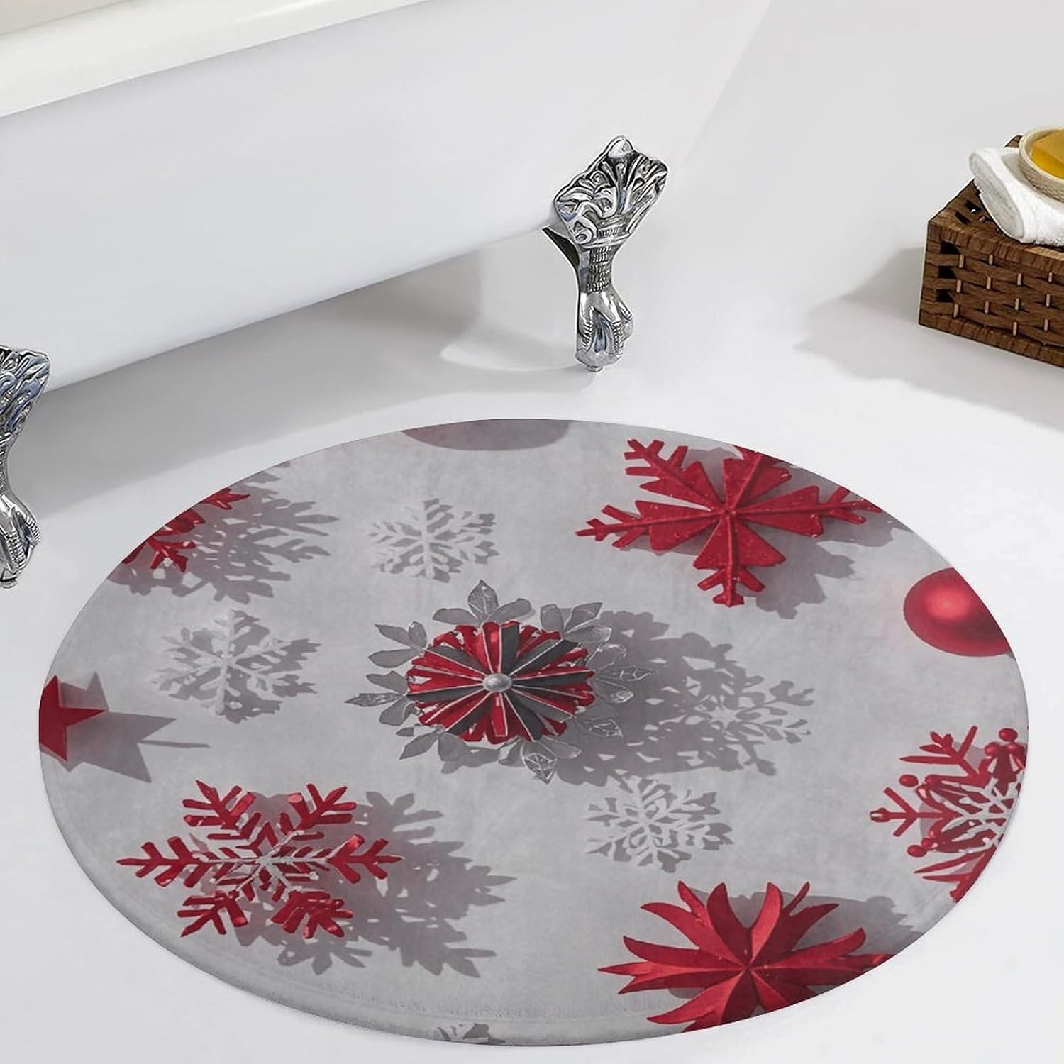 Christmas Red and Gray Snowflakes Coral Velvet Round Floor Mat Non-Slip Bath Rug Floor Covering for Bathroom Vanity Guest Suite & Vacation Home