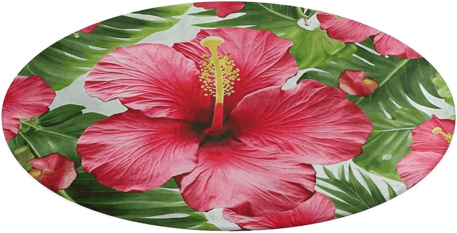 Hibiscus Flower Coral Velvet Round Floor Mat Non-Slip Bath Rug Floor Covering for Bathroom Vanity Guest Suite & Vacation Home