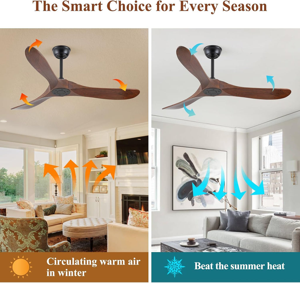 Walnut Wood 52' Ceiling Fan, No Light, 6-Speed, Reversible 3 Blades, Timed Shutdown, Silent DC Motor, for Bedroom, Porch and Living Room