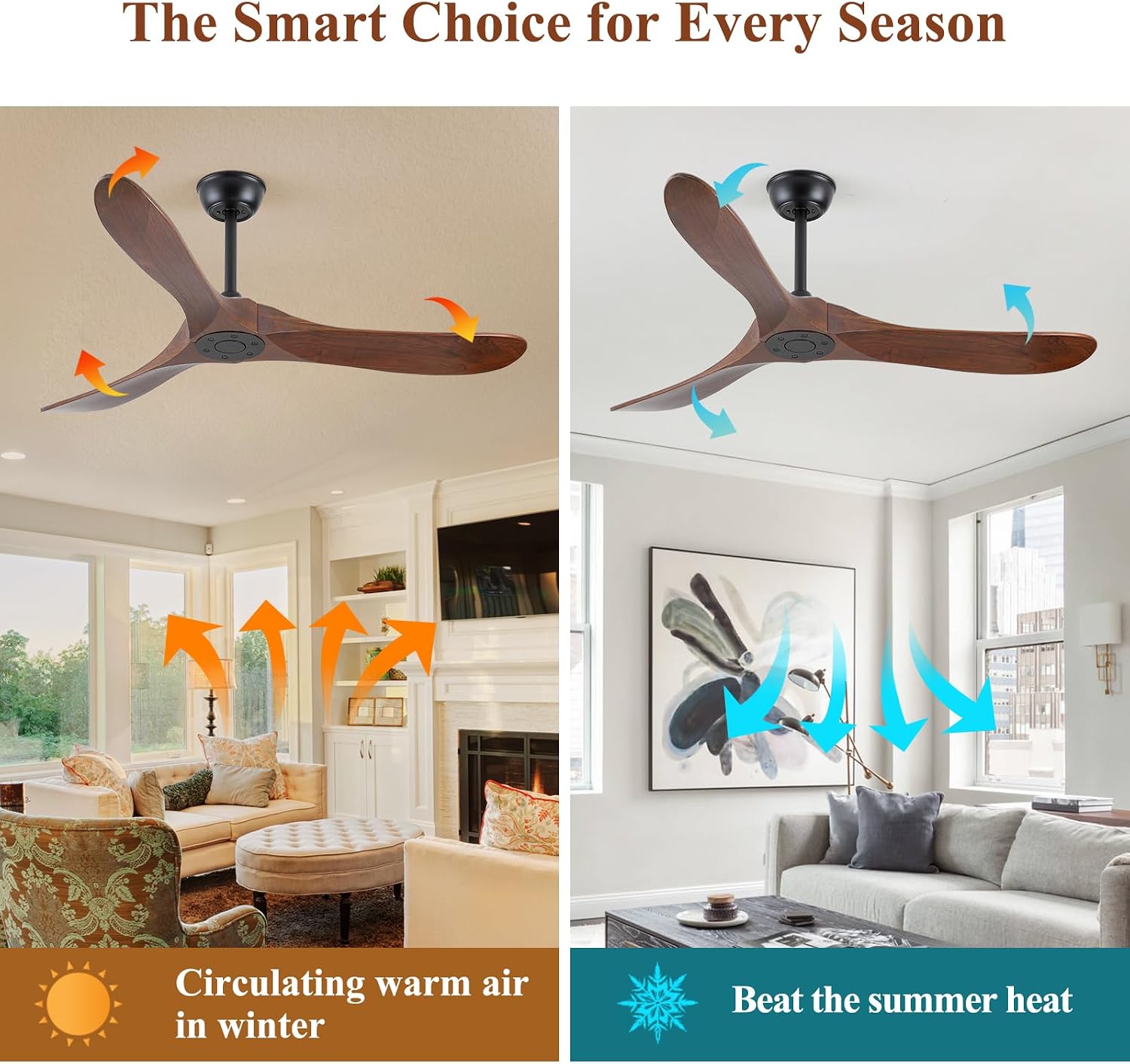 Walnut Wood 52' Ceiling Fan, No Light, 6-Speed, Reversible 3 Blades, Timed Shutdown, Silent DC Motor, for Bedroom, Porch and Living Room