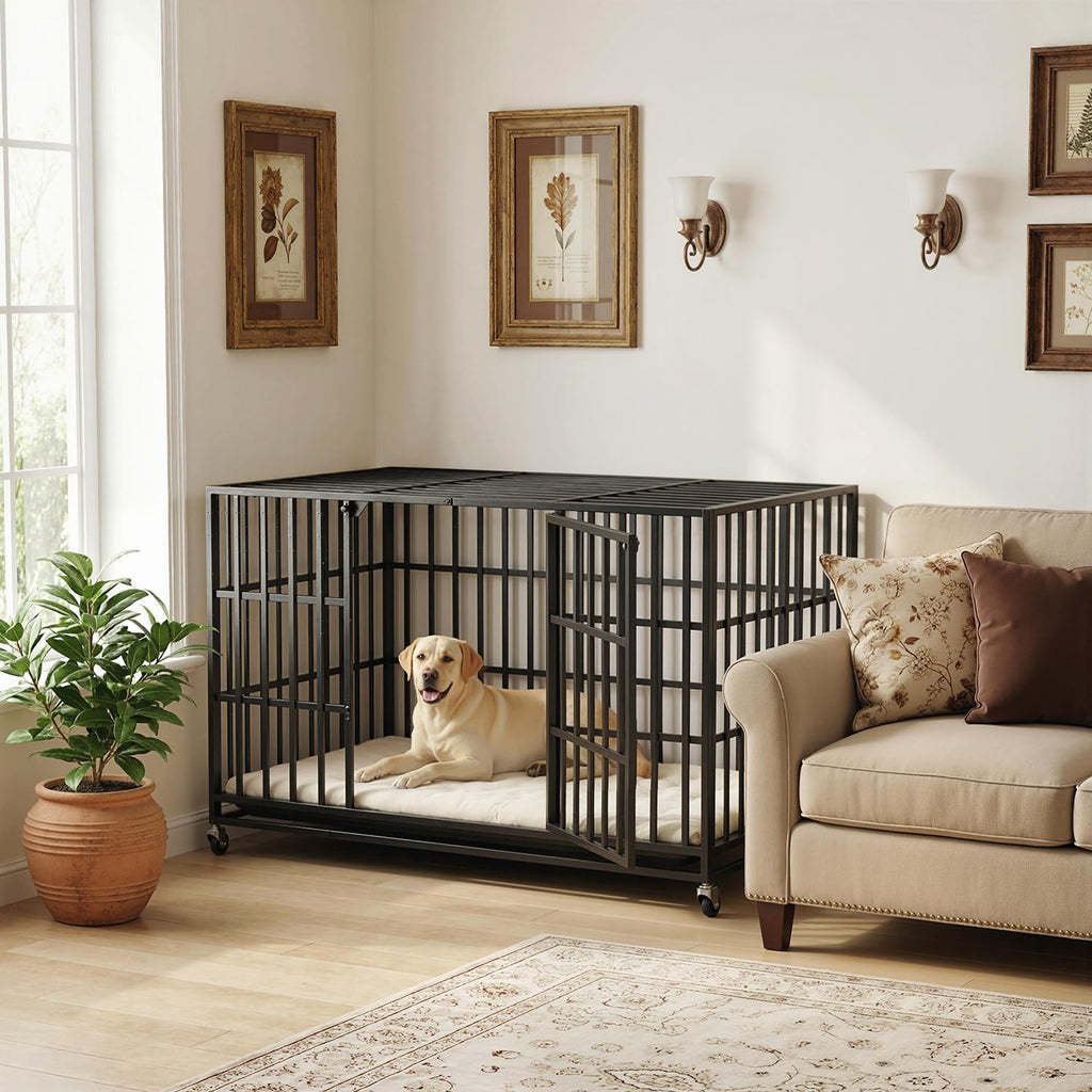 LEMBERI 48 Inch Heavy Duty Dog Crate, Indestructible Dog Kennel Indoor, Escape Proof Pet Cage for Large Dogs, High Anxiety Dog Crate with Double Door, Lockable Wheels & Removable Tray