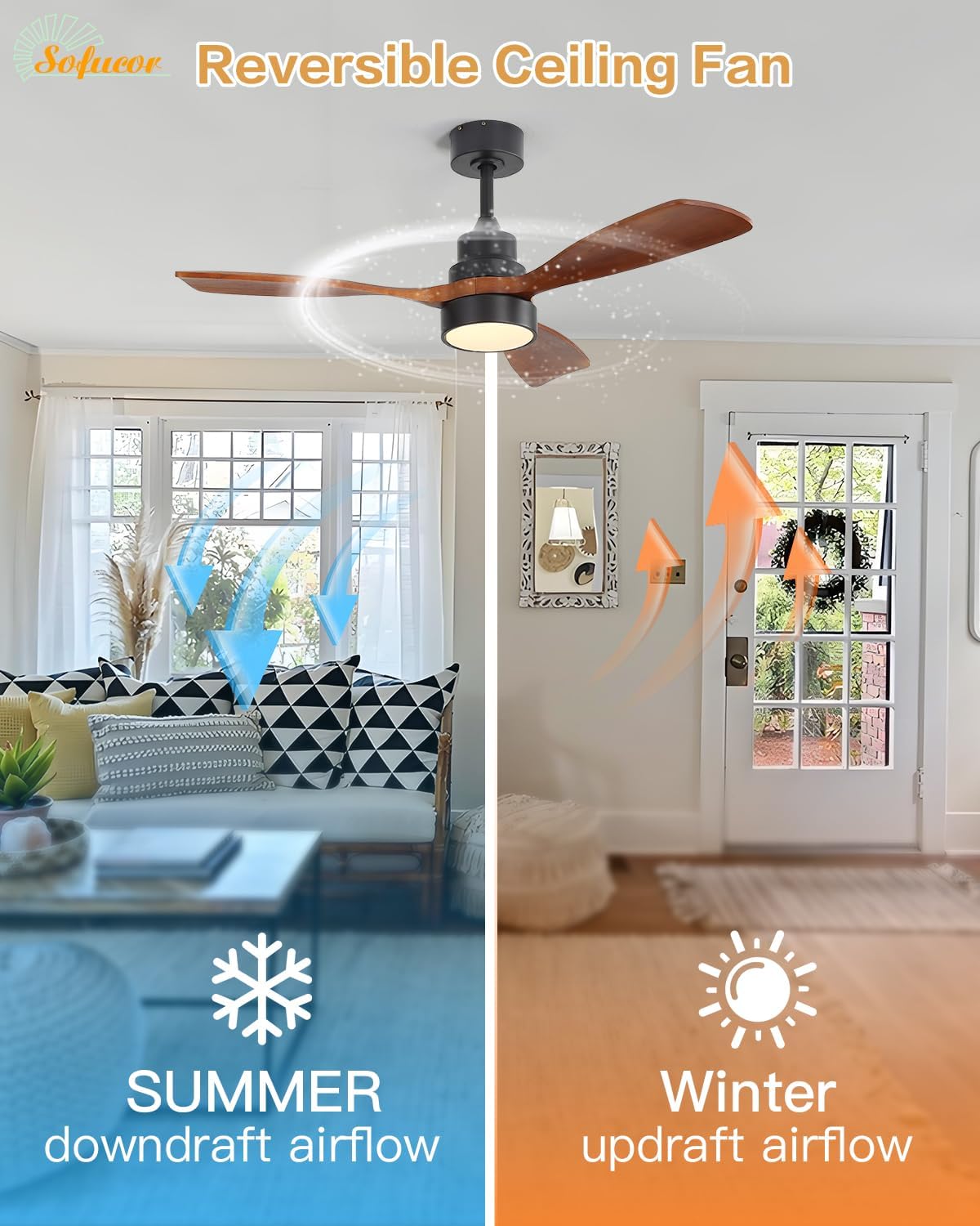 Sofucor 48 Inch Ceiling Fans with Lights and Remote Control-Modern Flush Mount & Downrod Mount Ceiling Fan for Bedroom Living Room Indoor Outdoor Farmhouse Patio, Timer Quiet DC Motor, Black&Walnut