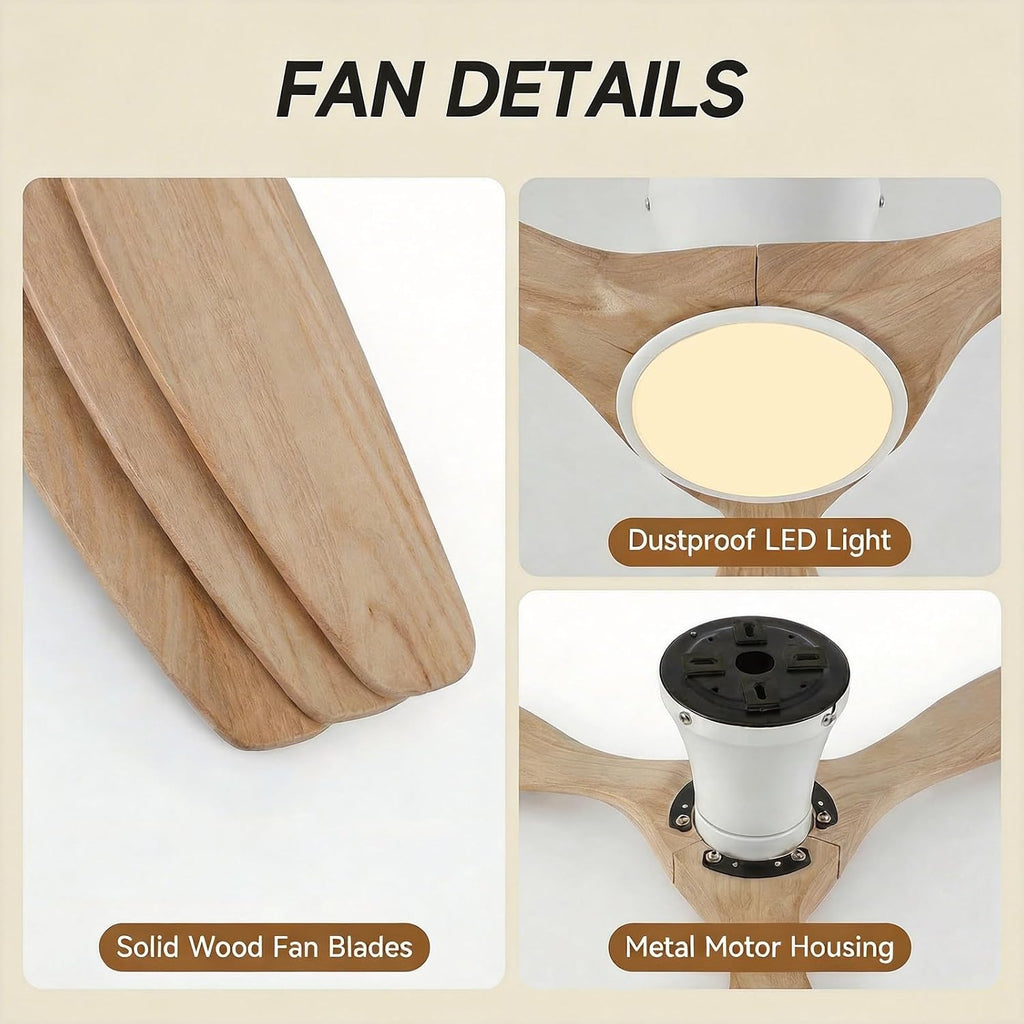 Skylike 52' Flush Mount Wood Ceiling Fan with Lights, 3 Blade Low Profile Rustic Ceiling Fan with Remote Control,Quiet Indoor/Outdoor Light Walnut Ceiling Fan for Patio,Porch, Gazebo, Bedroom