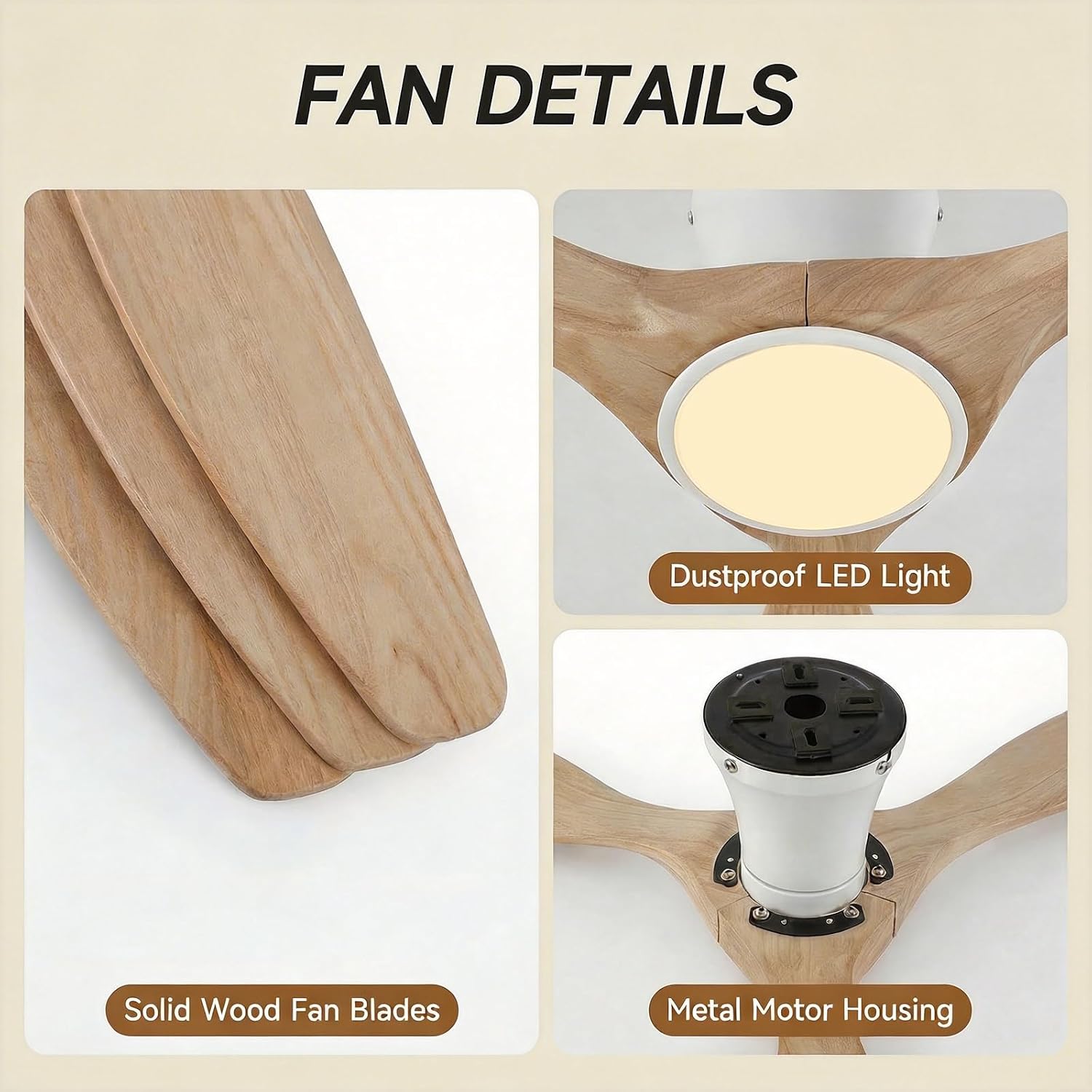 Skylike 52' Flush Mount Wood Ceiling Fan with Lights, 3 Blade Low Profile Rustic Ceiling Fan with Remote Control,Quiet Indoor/Outdoor Light Walnut Ceiling Fan for Patio,Porch, Gazebo, Bedroom