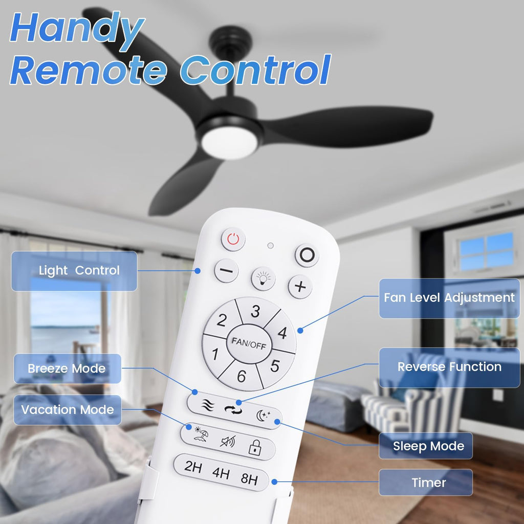 48 inch Ceiling Fans with Lights and Remote,Black Ceiling Fan with Light and Remote,3 Color Light,6 Speed,Quiet DC Motor,for Bedroom/Living Room/Indoor/Outdoor/Patios,Black