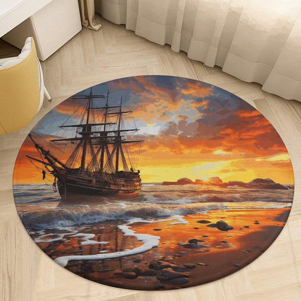 Pirate Ship in The Sunset Coral Velvet Round Floor Mat Non-Slip Bath Rug Floor Covering for Bathroom Vanity Guest Suite & Vacation Home