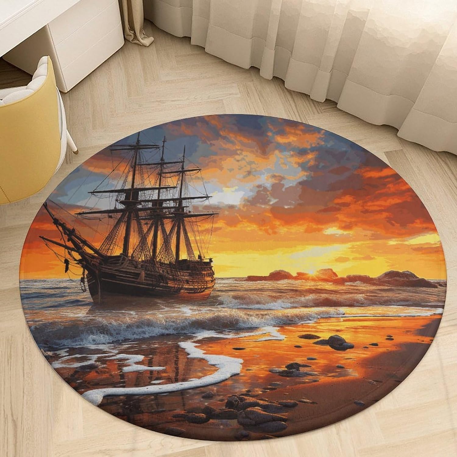 Pirate Ship in The Sunset Coral Velvet Round Floor Mat Non-Slip Bath Rug Floor Covering for Bathroom Vanity Guest Suite & Vacation Home