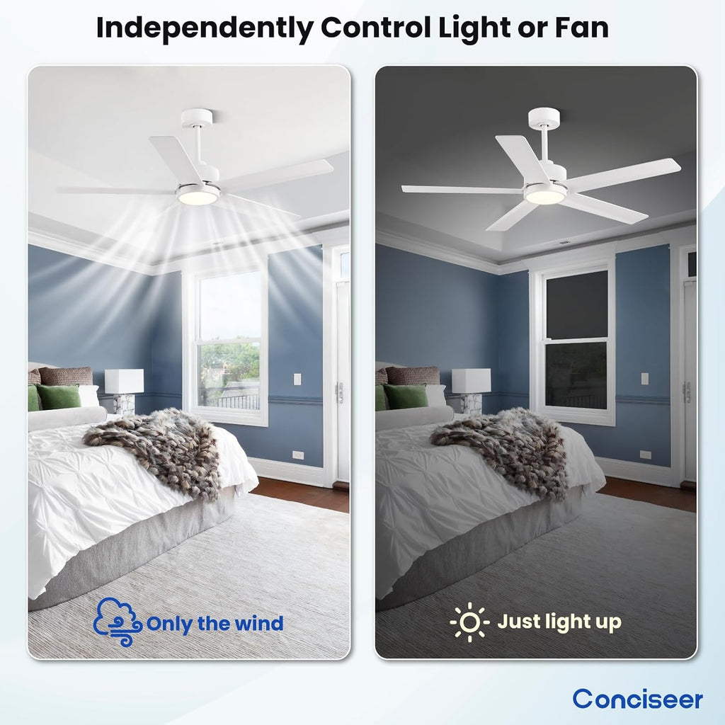 Conciseer Modern Ceiling Fans with Lights,52 Inch Ceiling Fans with Remote for Bedroom Living Room Kitchen, 18W 3CCT Dimmable，5 Blades 6 Speed Reversible Quiet DC Motor White