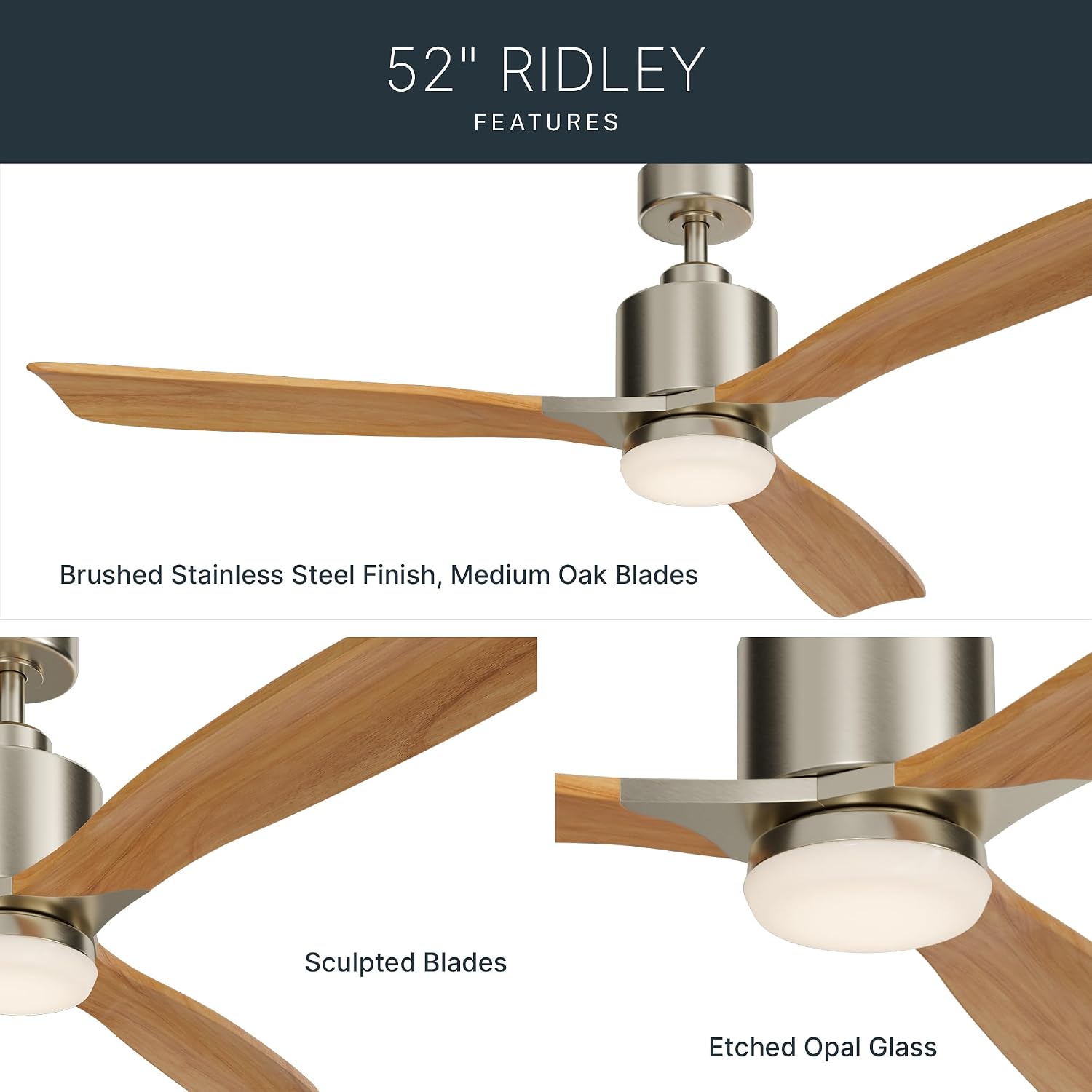 Kichler Ridley II 52 in Ceiling Fan with Light, 3-Blade LED Indoor Fan with Etched Cased Opal Glass in Brushed Stainless Steel, Medium Oak Blades for Living Room, 300027BSS