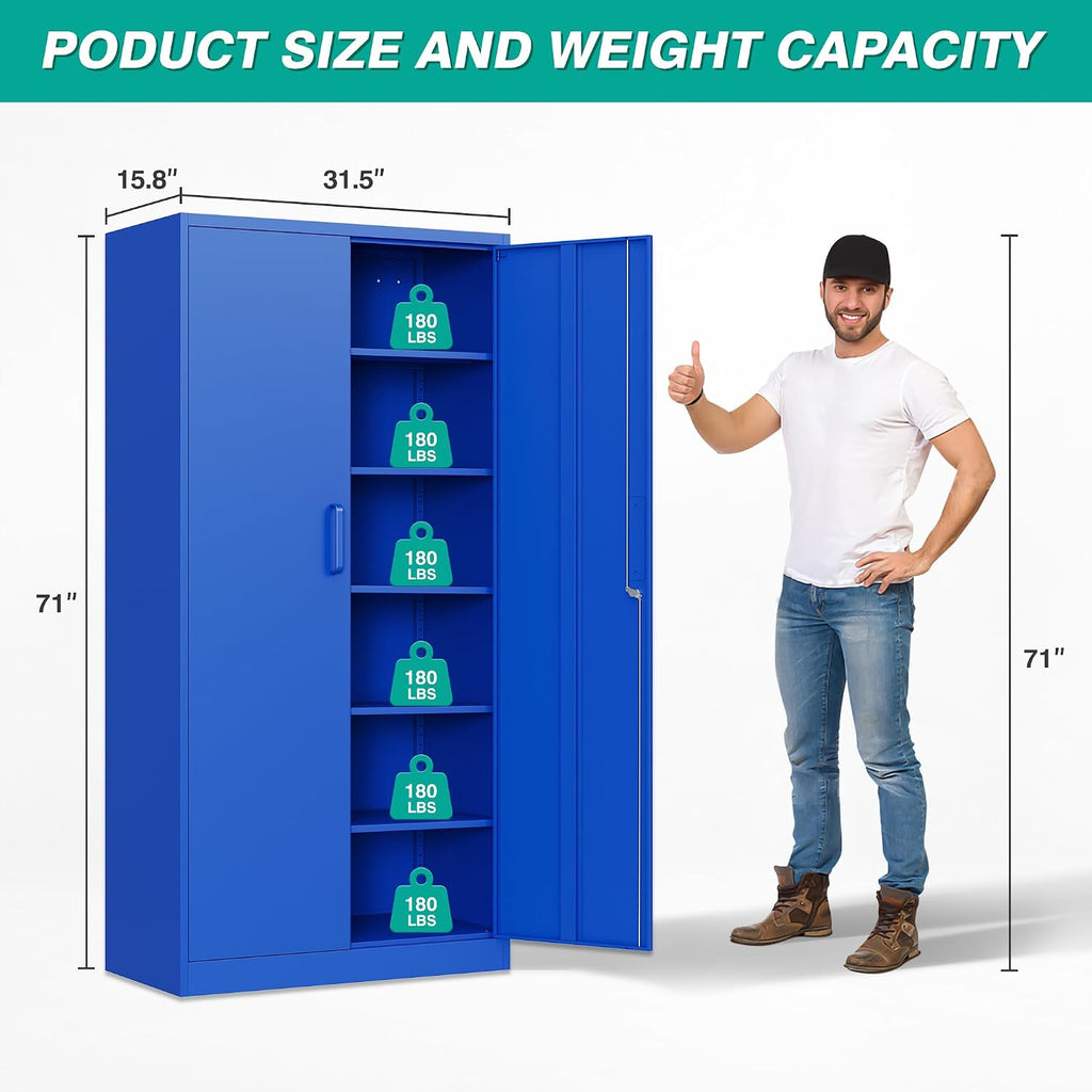 SISESOL Blue Metal Storage Cabinet with 6 Shelves,71' Garage Storage Cabinet with Lock,6 Tier Steel Cabinets with Locking Doors,Lockable Cabinets for Home,Office,Shop,Garage