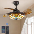36' Tiffany Style Ceiling Fan with Lights, Remote Control Led Dimmable Fandelier Fixture with 4 Retractable Reverse Blades, Vintage Stained Glass Suit for Bedroom Living Room