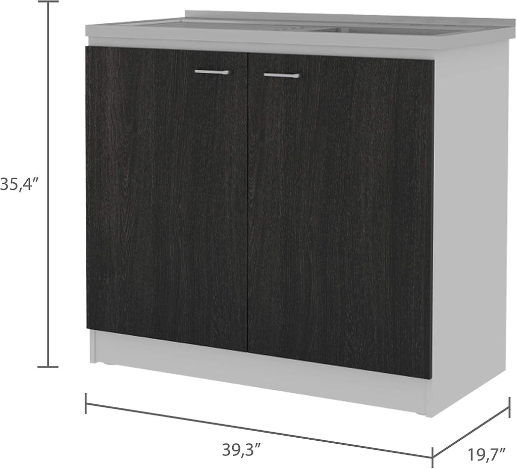 DEPOT E-SHOP Salento Freestanding Sink with Double Door Cabinet and Two Shelves, 35.4' H, White/Black, Kitchen