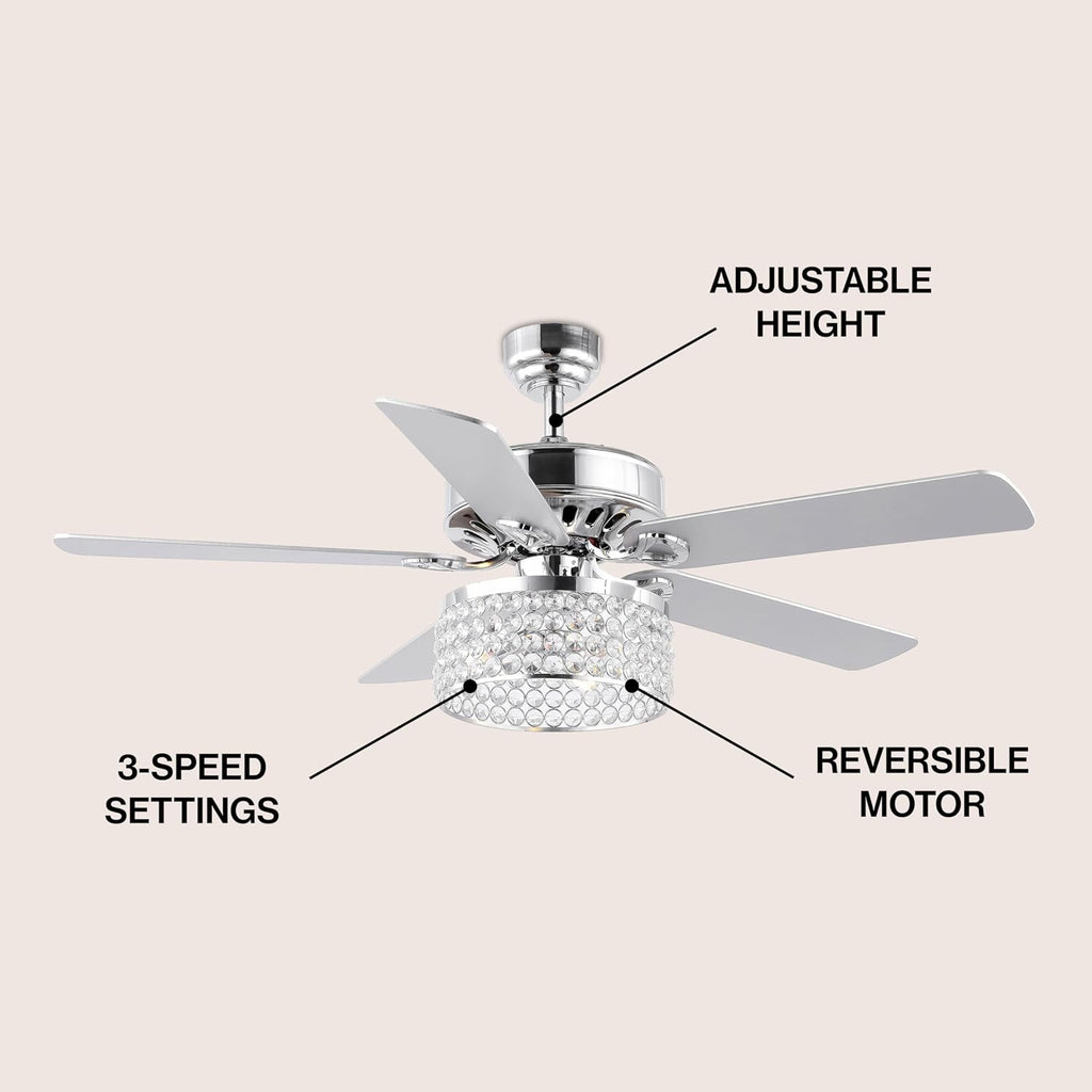 JONATHAN Y 52' Chrome 3-Light Crystal and Metal Drum LED Ceiling Fan with Remote, Modern Glam 5-Blade Indoor Fixture, Clear Crystal Prism Shade, LED Bulbs Included JYL9709A
