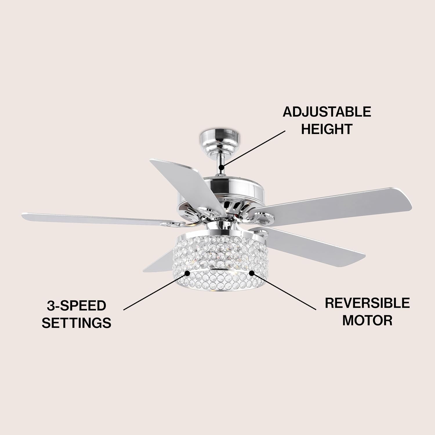 JONATHAN Y 52' Chrome 3-Light Crystal and Metal Drum LED Ceiling Fan with Remote, Modern Glam 5-Blade Indoor Fixture, Clear Crystal Prism Shade, LED Bulbs Included JYL9709A