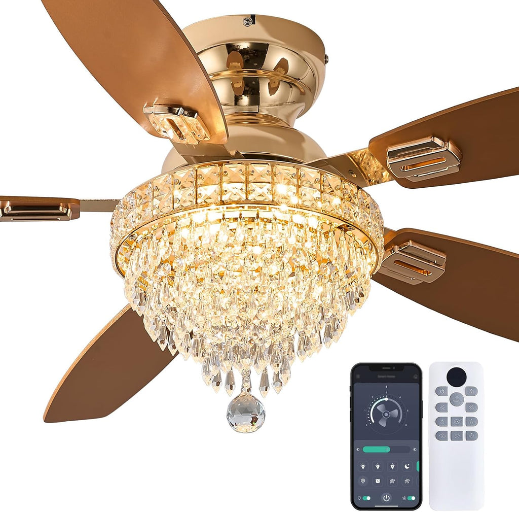 Crystal Ceiling Fan Fandelier with Lights-Ceiling Fans with Lights,54' Low Profile and Remote Control, Flush Mount, Reversible, Dimmable, Noiseless,Gold Ceiling Fan for Bedroom