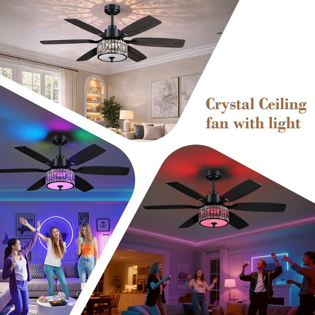 Kviflon 52 Inch Crystal Ceiling Fan with RGB Lights and Remote/APP Control, Black Fandelier Ceiling Fan with Light, Modern Chandelier Ceiling Fan for Bedroom Living Room, Quiet DC Motor, Dimmable LED