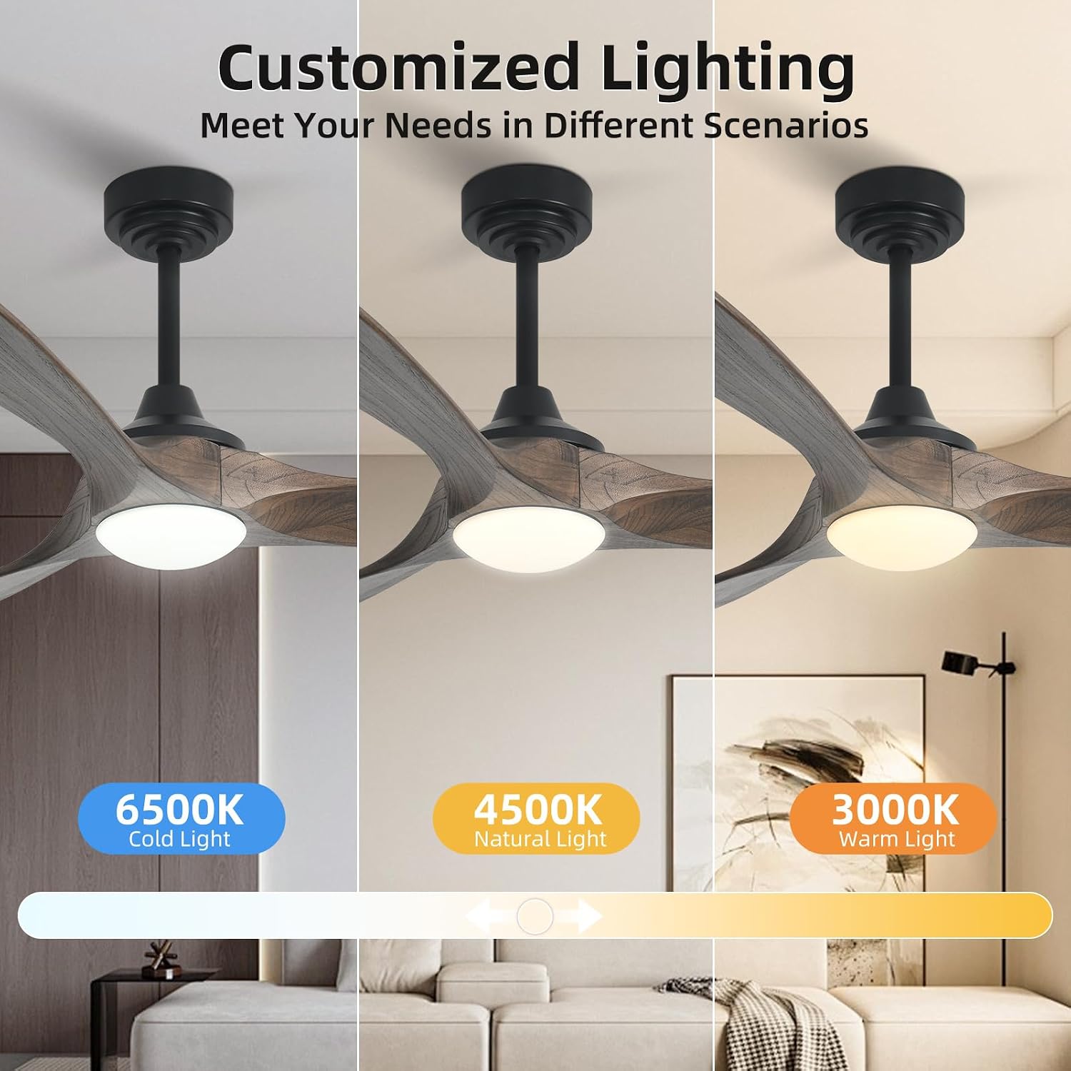 52' Outdoor Ceiling Fan with Light, Compatible with Alexa/Google, 3 Walnut Solid Wood Blade, Noiseless Reversible Dc Motor, Smart Outdoor Wood Ceiling Fan for Farmhouse Patios, Dark Brown