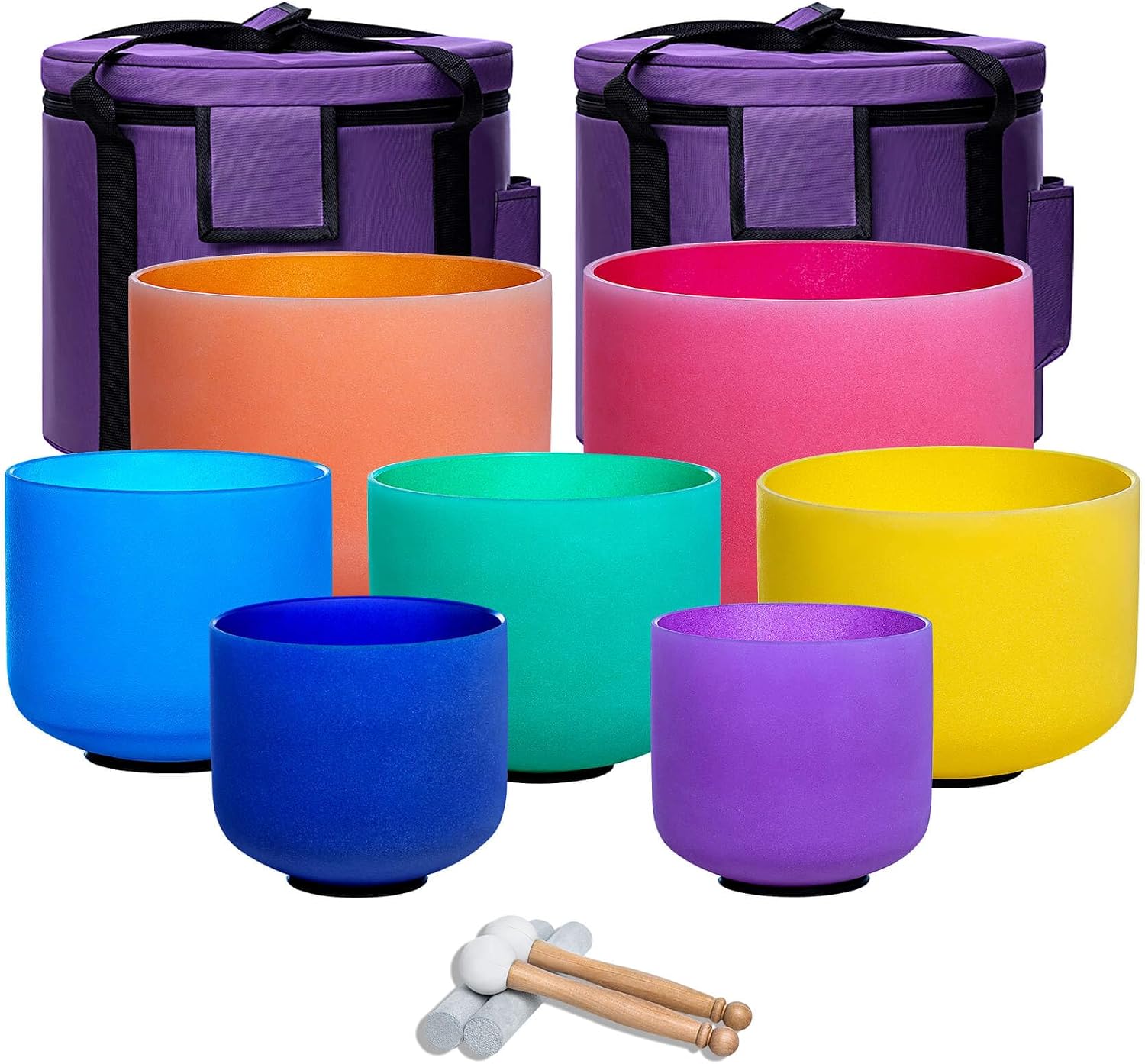 432hz Crystal Singing Bowl Healing 6-12inch Set of 7 Colored for Meditation Yoga Heart Chakra Singing Bowls Heavy Duty Carrying Case Rubber Mallet Suede Striker O ring