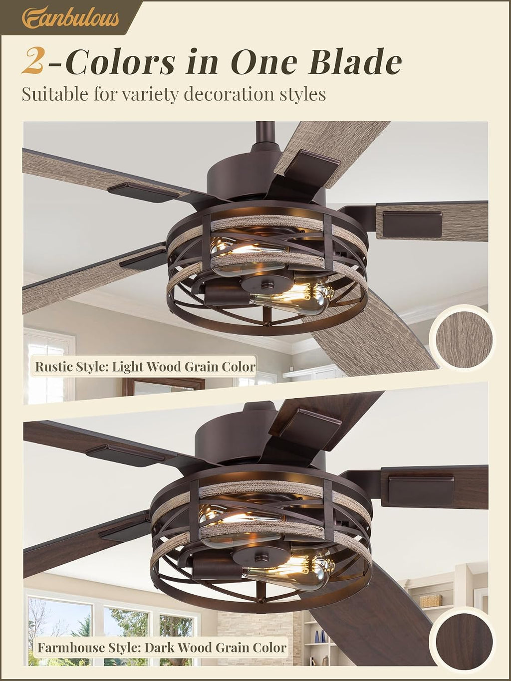 Fanbulous Farmhouse Ceiling Fans with Light, 60 Inch Bedroom Ceiling Fan with Lights, 6-Speed Adjustable, Quiet and Reversible DC Motor, 5 Dual Finish Blades, Rustic Caged Ceiling Fan，Oil Bronze