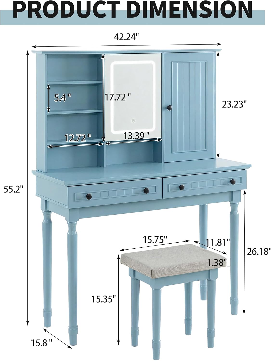 Scurrty Vintage Vanity Table Set with Stool, Color-Changing LED Mirror & Storage Organizer, Classic Wooden Dressing Makeup Desk for Bedroom (Blue)