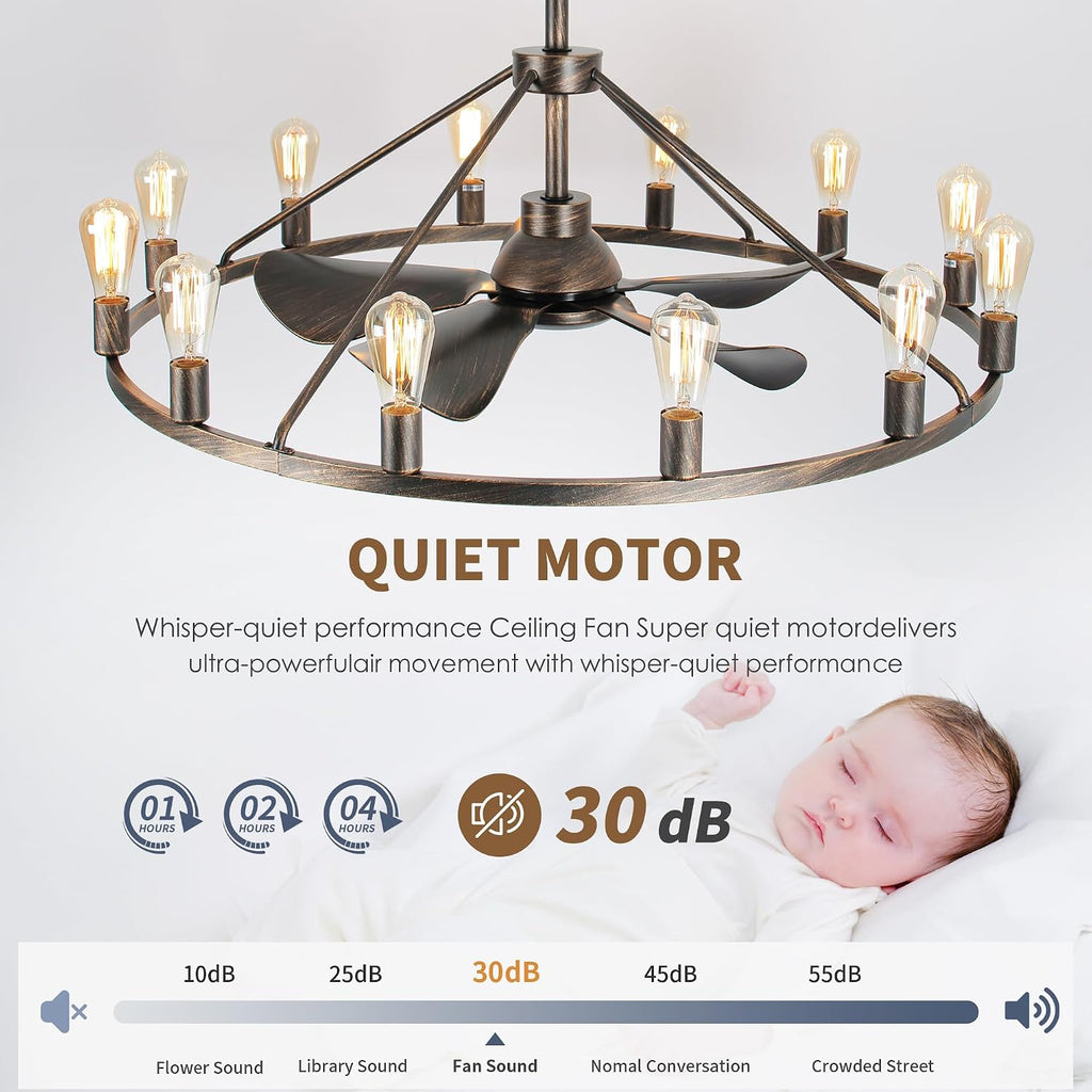 Miuyhji Farmhouse Ceiling Fan with Lights and Remote,Bronze Fandelier,Wagon Wheel Chandelier with Fan,44 Inch Rustic Fans for 20x25' Large Room