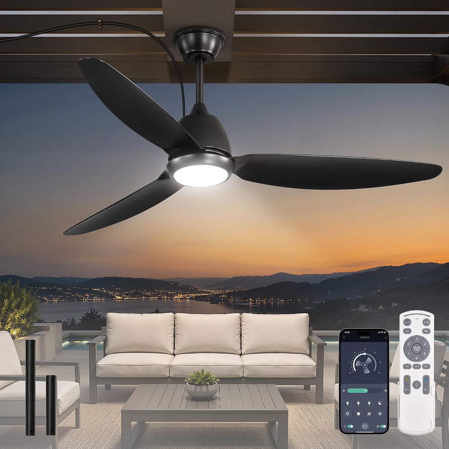 Fanbulous 52' Outdoor Ceiling Fan with Light, IP65 Waterproof Wet Rated, Plug in Gazebo Fan with 10FT Cord, Smart APP & Remote, 6-Speed Reversible DC Motor, 3CCT Dimmable LED for Patio Porch (Black)