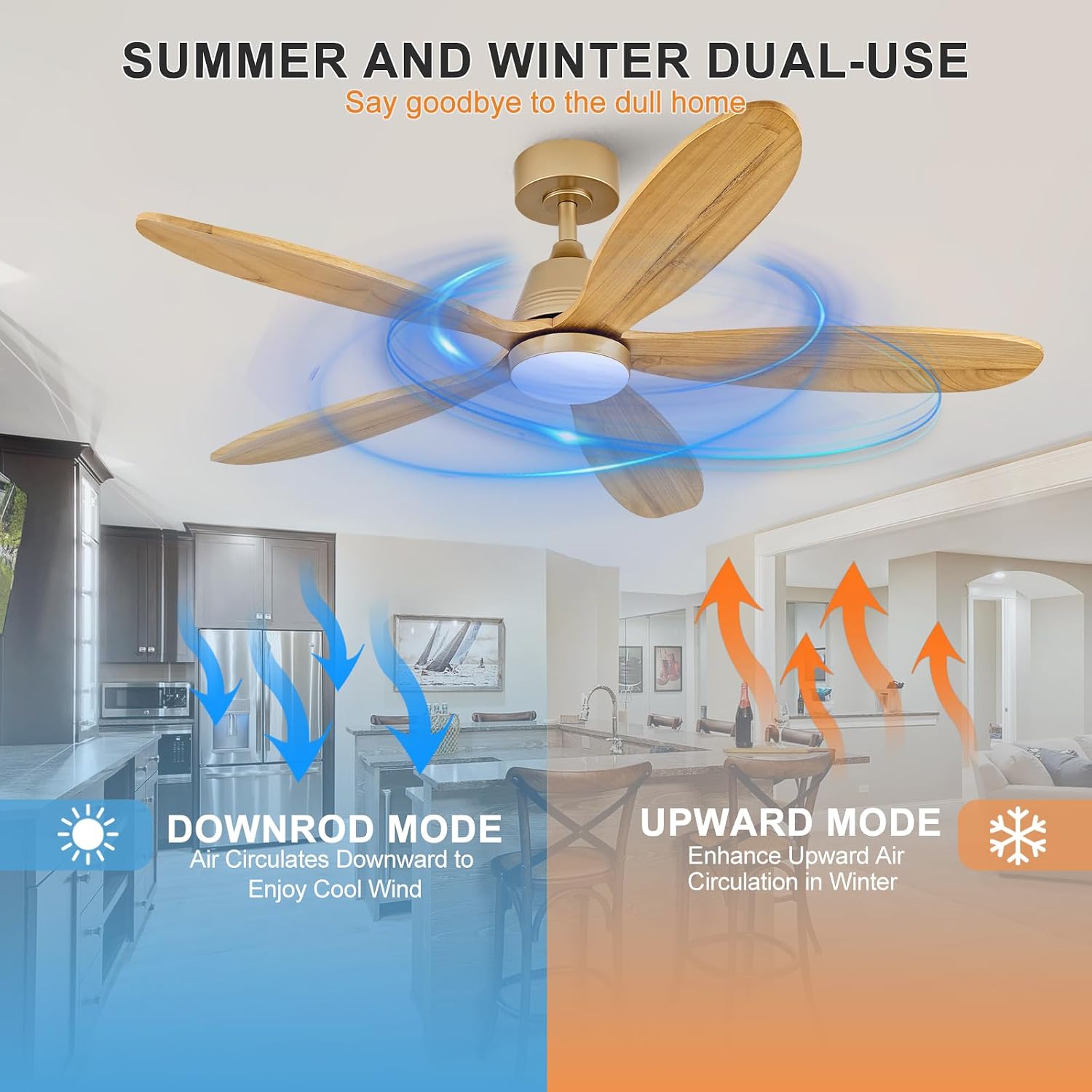 52 Inch Wood Ceiling Fans with Lights and Remote, Modern Outdoor Ceiling Fan with Light for Patio, Wall Switch, Dimmable, 5 Blades, Reversible DC Motor, Memory Function (Gold)