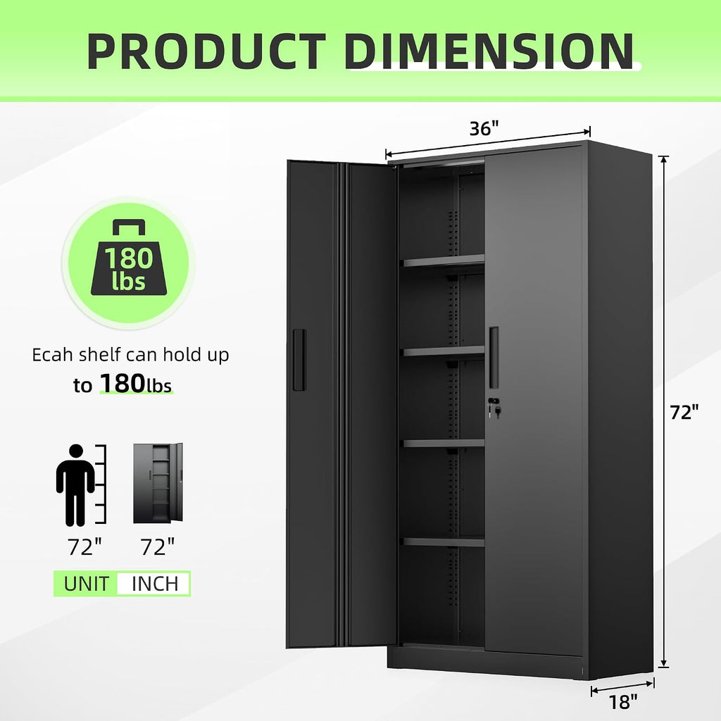 SUNCROWN Metal Garage Storage Cabinet, 72' Locking Steel Garage Cabinets with 2 Door and 4 Adjustable Shelves, Tall Metal Tool Cabinets for Home Office, Garage, School, (Black)