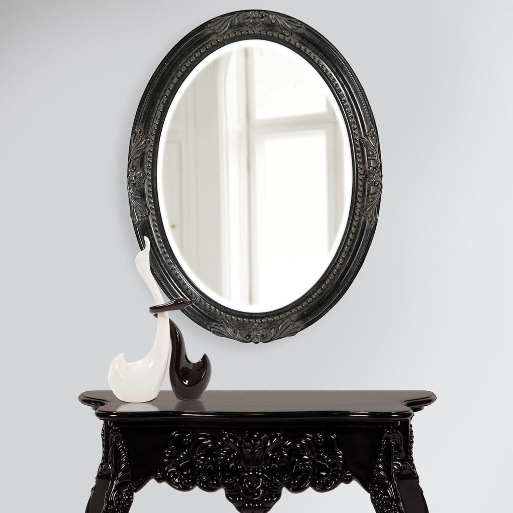Howard Elliott Collection Queen Ann Antique Black Oval Mirror, Bevelled Vintage Hanging Wood Framed Vanity Wall Mirrors for Home Decor, Living Room, Bathroom, Bedroom, or Hallway, 25 x 33 Inch