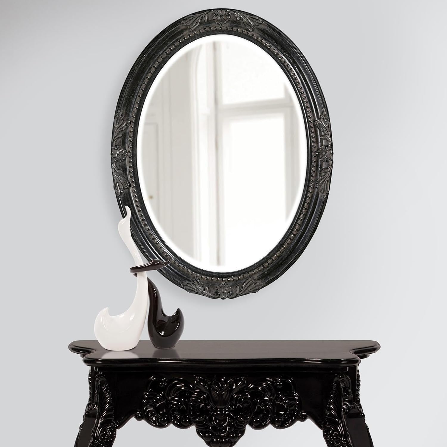 Howard Elliott Collection Queen Ann Antique Black Oval Mirror, Bevelled Vintage Hanging Wood Framed Vanity Wall Mirrors for Home Decor, Living Room, Bathroom, Bedroom, or Hallway, 25 x 33 Inch