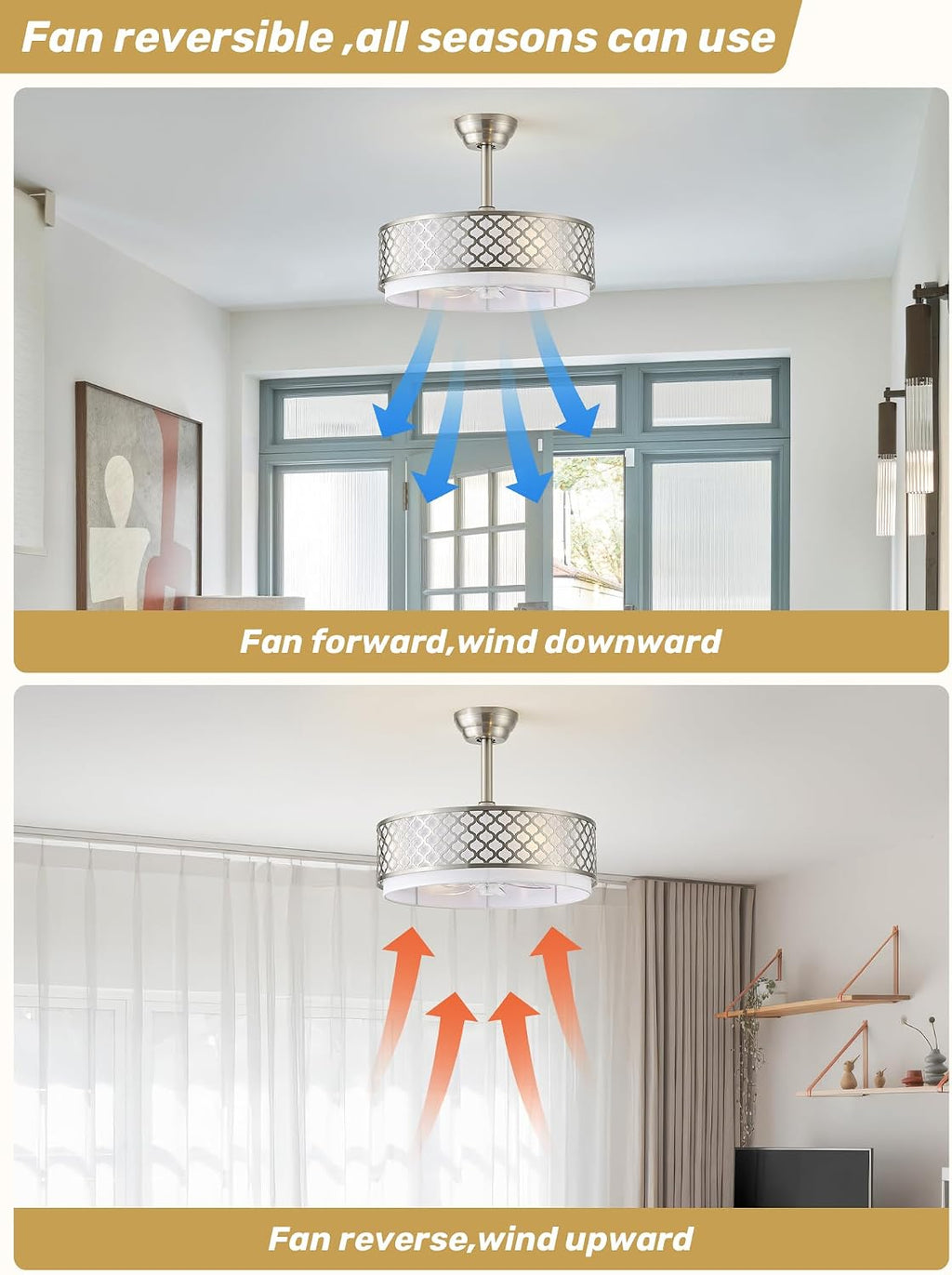 20' Silver Fandelier Ceiling Fan with Lights, Caged Boho Ceiling Fan with Light Remote Control, Rattan with 6 Speeds for Bedroom, Nursery, Living Room
